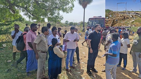 Police officials inspect the site where a shed (inset) in which firecrackers were being manufactured was razed to ground