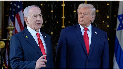 President Donald Trump listens as Israel's Prime Minister Benjamin Netanyahu speaks at President Donald Trump's Mar-a-Lago club, in Palm Beach, Fla.