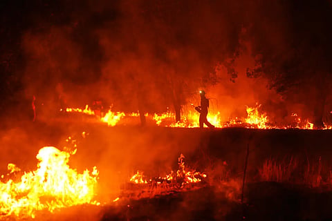 Firefighters use controlled burning to halt a wildfire that continues to spread near Cebreros, Ávila province, Spain, Tuesday, July 28, 2026.
