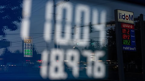A display shows $110.04 for gasoline on a fuel pump at a Mobil gas station on Wednesday, April 29, 2026, in Portland, Ore.