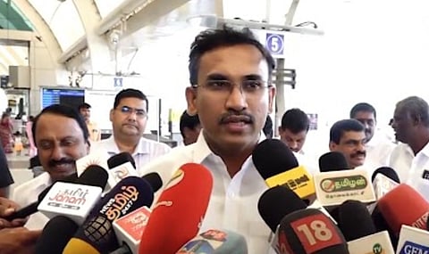 Health Minister Arunraj speaking to the media at the Coimbatore airport on Friday