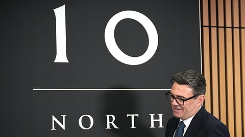 Britain’s Prime Minister Andy Burnham arrives to hold a National Economic Council meeting at No 10 North at Heron House in Manchester, England.