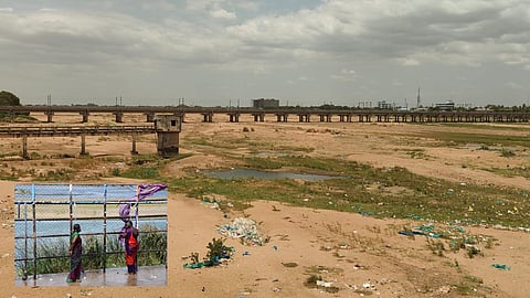 Parched Cauvery riverbed in Tiruchy on Saturday; (inset) 2 women take bath in the shower pipeline at Amma Mandapam bathing ghat in Tiruchy on Saturday