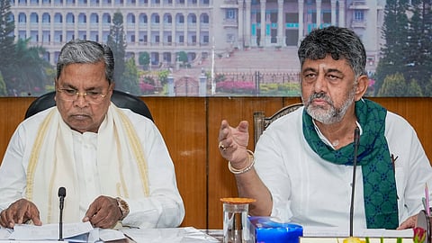  Karnataka Chief Minister DK Shivakumar and former state chief minister Siddaramaiah during an all-party meeting to chalk out the state's legal and political strategy on the Cauvery water-sharing dispute with Tamil Nadu, following the CWRC's direction to release 3,500 cusecs of water daily for 15 days, in Bengaluru, Sunday, Aug. 2, 2026