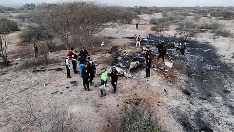 Police inspect the wreckage of a plane that crashed during a sightseeing flight carrying tourists over the Nazca Lines in Peru.