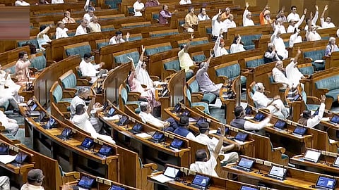 MPs in the Lok Sabha during the ongoing Monsoon session of Parliament, in New Delhi, Monday, Aug. 3, 2026, 2026