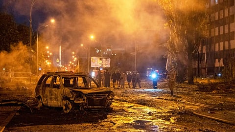 A burned car is seen after a Russian missile attack in Kyiv, Ukraine.