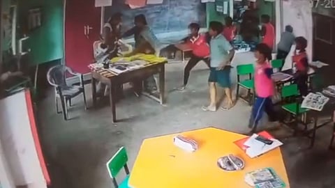 Screengrab of teacher attacking headmistress at a Panchayat Union Primary School in Karur.