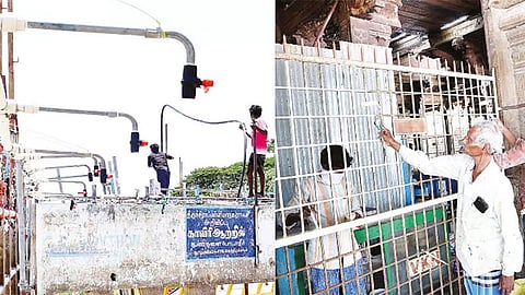 Outdoor showers set up for devotees at at Tiruchy's Amma Mandapam ghat