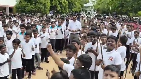 Videograb of school students chanting TVK in Karaikudi.
