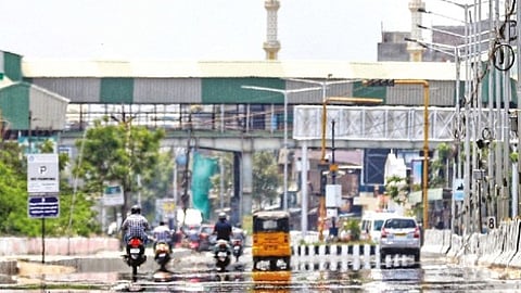The frame captures the mirage effect at Velachery as the summer heats up roads