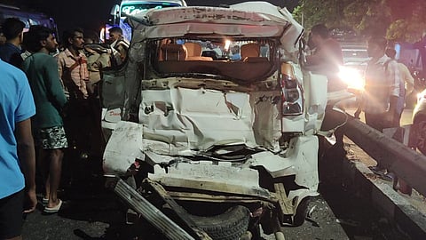 Wrecked rear side of the car on Tiruchy-Chennai bypass on Tuesday

