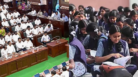 (L) TVK government's first Budget in the Assembly, (R) Image of student used for representative purpose