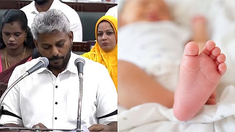 (L) Finance MInister Marie Wilson in Assembly, (R) representative image of a new born.