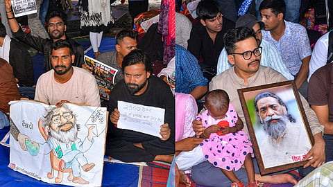 A student during an indefinite protest against the Jharkhand government regarding the irregularities of exams and paper leak of Jharkhand Public Service Commission (JPSC) and Jharkhand Staff Selection Commission (JSSC), at Jaipal Singh Stadium, in Ranchi, Thursday, Aug. 6, 2026