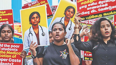 Protest against NEET near Shastri Bhavan in Chennai