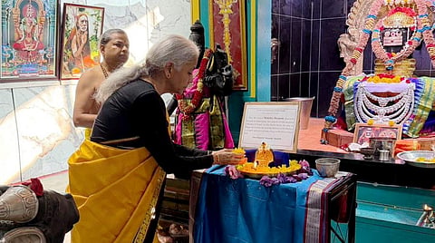 Finance Minister Nirmala Sitharaman offers prayers during a visit to Sri Siva Satyanarayana Swamy Temple, in Mississauga, Ontario, Canada.