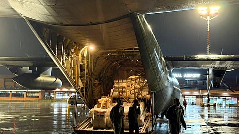 humanitarian relief supplies from India are unloaded after a fourth Indian flight carrying medical and tunnel rescue team, arrives in Kathmandu, Nepal.