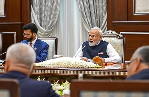 In this image posted on Aug. 30, 2026, Prime Minister Narendra Modi during a bilateral meeting with Uzbekistan's President Shavkat Mirziyoyev, in Tashkent, Uzbekistan.