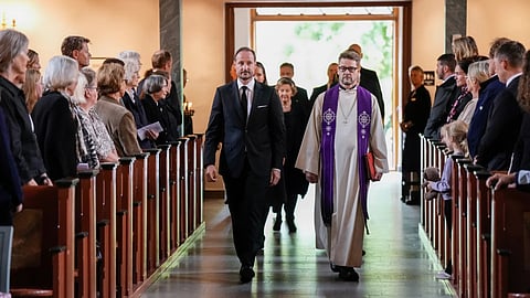 Norway's King Haakon arrives for the mourning service for King Harald in Asker church, Asker, Norway