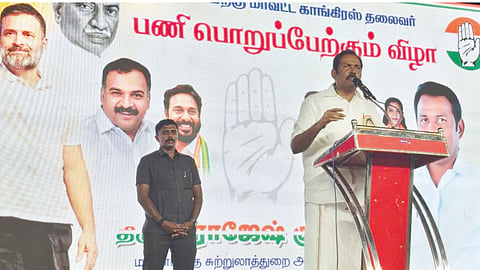 Tourism Minister and Congress leader S Rajeshkumar addressing a party meeting in Kuzhithurai, Kanniyakumari on Sunday
