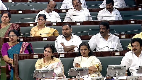 Congress Legislature Party leader Tharahai Cuthbert occupying the first row of the opposition benches