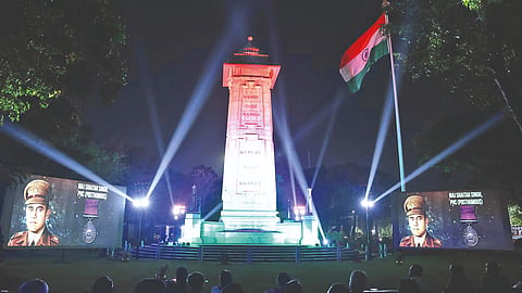 The Victory War Memorial lit up in tricolour as part of the light-and-sound show on Saturday. It will now be a weekly event