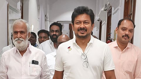 Leader of the Opposition Udhayanidhi Stalin with party members in the House on Monday