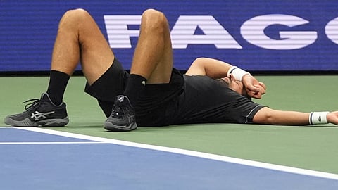 Novak Djokovic, of Serbia, reacts on the court during the first round of the US Open tennis championships against Mariano Navone, of Argentina