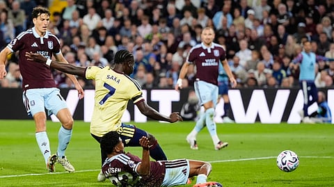 Arsenal winger Bukayo Saka as he scores the only goal in their 1-0 victory against Aston Villa