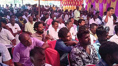 Public raising voice against the proposed ethanol manufacturing unit during the public hearing in Karur on Tuesday