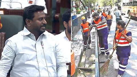 (L) School Education Minister Rajmohan, (R) Image of cleanliness workers used for representative purpose