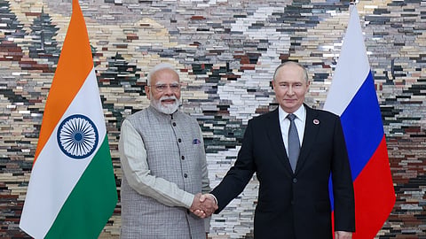 Prime Minister Narendra Modi, left, during a meeting with Russian President Vladimir Putin, in Bishkek