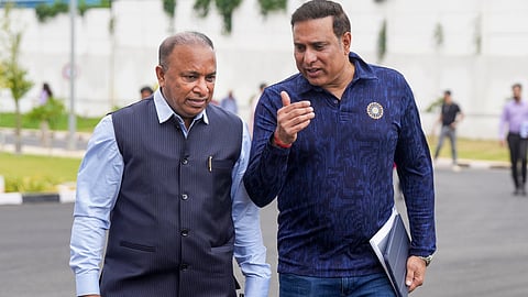 Board of Control for Cricket in India (BCCI) Secretary Devajit Saikia, left, with BCCI Centre of Excellence (CoE) head VVS Laxman during a guided tour of the BCCI Centre of Excellence, in Bengaluru, Karnataka, Sunday, Aug. 9, 2026