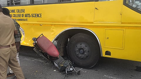 Two-wheeler rams into the college bus near Tiruchengode in Namakkal district on September 3.