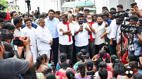 Minister N Anand, Minister Aadhav Arjuna, Minister R Nirmalkumar, Minister A Rajmohan held talks with protesting sanitation workers on Friday at Ripon Building 