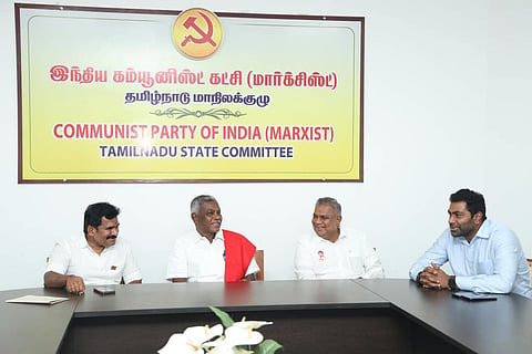 TVK leaders with CPM state secretary P Shanmugam