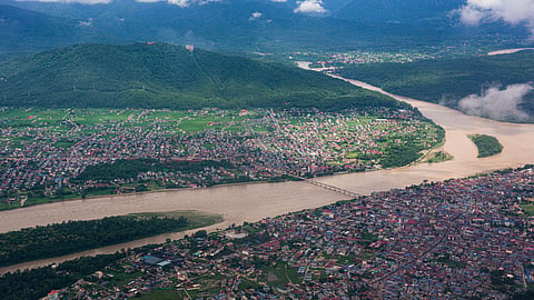 A view of damaged and half-buried buildings under silt and debris following devastating flash floods, in Betrawati, Nuwakot district, Nepal