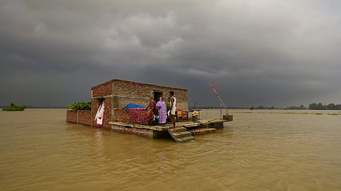 A house lies partially submerged in floodwaters following a rise in the water level of the Ganga river, at Nakta Diyara, in Patna, Bihar, Saturday, Sept. 5, 2026.