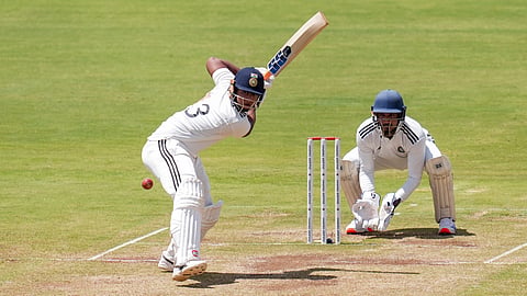 East Zone's Vaibhav Sooryavanshi plays a shot on day three of the Duleep Trophy Semi-final 1 cricket match between Central Zone and East Zone, at BCCI Centre of Excellence (CoE) grounds