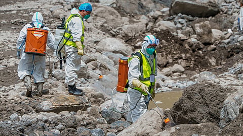 Health workers carry out disinfection work at the core area of the mudslide-hit Gyirong Port in Gyirong County, southwestern China's Tibet Autonomous Region on Thursday, Sept. 3, 2026