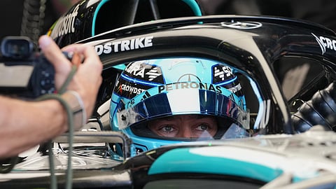 Mercedes driver George Russell of Britain steers his car during the third free practice ahead of the Italian Formula One Grand Prix, in Monza, Italy, Saturday, Sept. 5, 2026