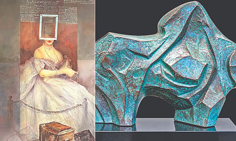 paintings by Pradip Maitra and sculptures by Bimal Kundu
