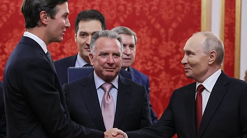 President Vladimir Putin, right, greets U.S. President Donald Trump’s envoys Jared Kushner, left, and Steve Witkoff, center, prior to talks at the Senate Palace of the Kremlin in Moscow, on Saturday, Sept. 5, 2026. 