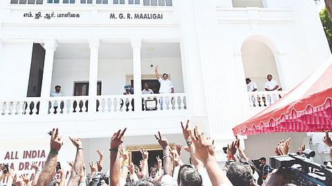 AIADMK general secretary Edappadi K Palaniwami waving at party cadre on the sidelines of party’s district secretaries’ meeting in Royapettah on Sunday