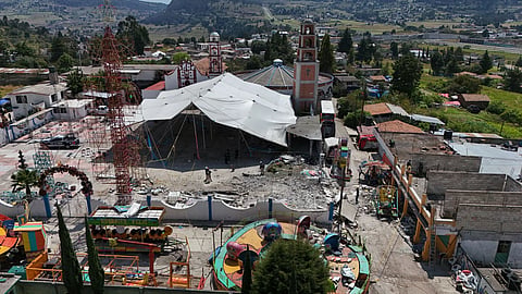 Areal view of the area destroyed by a fireworks explosion by the Santa María Canchesdá church in Temascalcingo, Mexico.