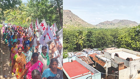 Women marching across the forest villages of Varusanadu hills in Theni against eviction notice; A government residential quarters at Veera Chinamalpuram Village