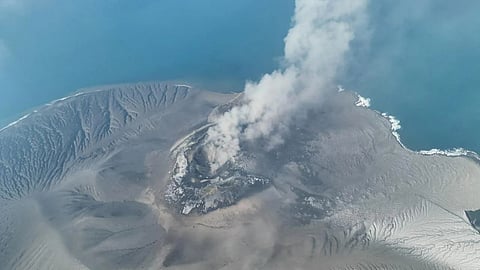 In this drone photo released by the Geological Agency (Badan Geologi) of Indonesia's Ministry of Energy and Mineral Resources, Mount Anak Krakatau spews volcanic smoke in Sunda Strait, Indonesia