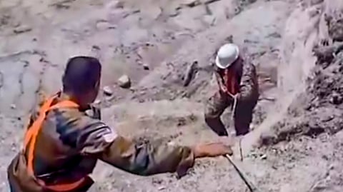 Rescue operation underway at the Chilime hydropower project tunnel after the recent flash floods, in Rasuwa, Nepal.