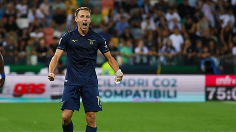 Lazio's Davide Frattesi celebrates scoring during the Serie A soccer match between Udinese and Lazio in Udine, Italy